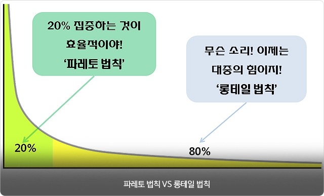 그래프로 롱테일 법칙을 설명하고 있습니다. 끝 부분이 전체의 80%을 차지하고 있습니다.